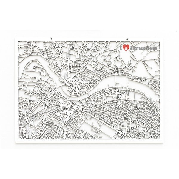 Stadtplan "Dresden" in Holz geschnitten WEISS kleine Variante
